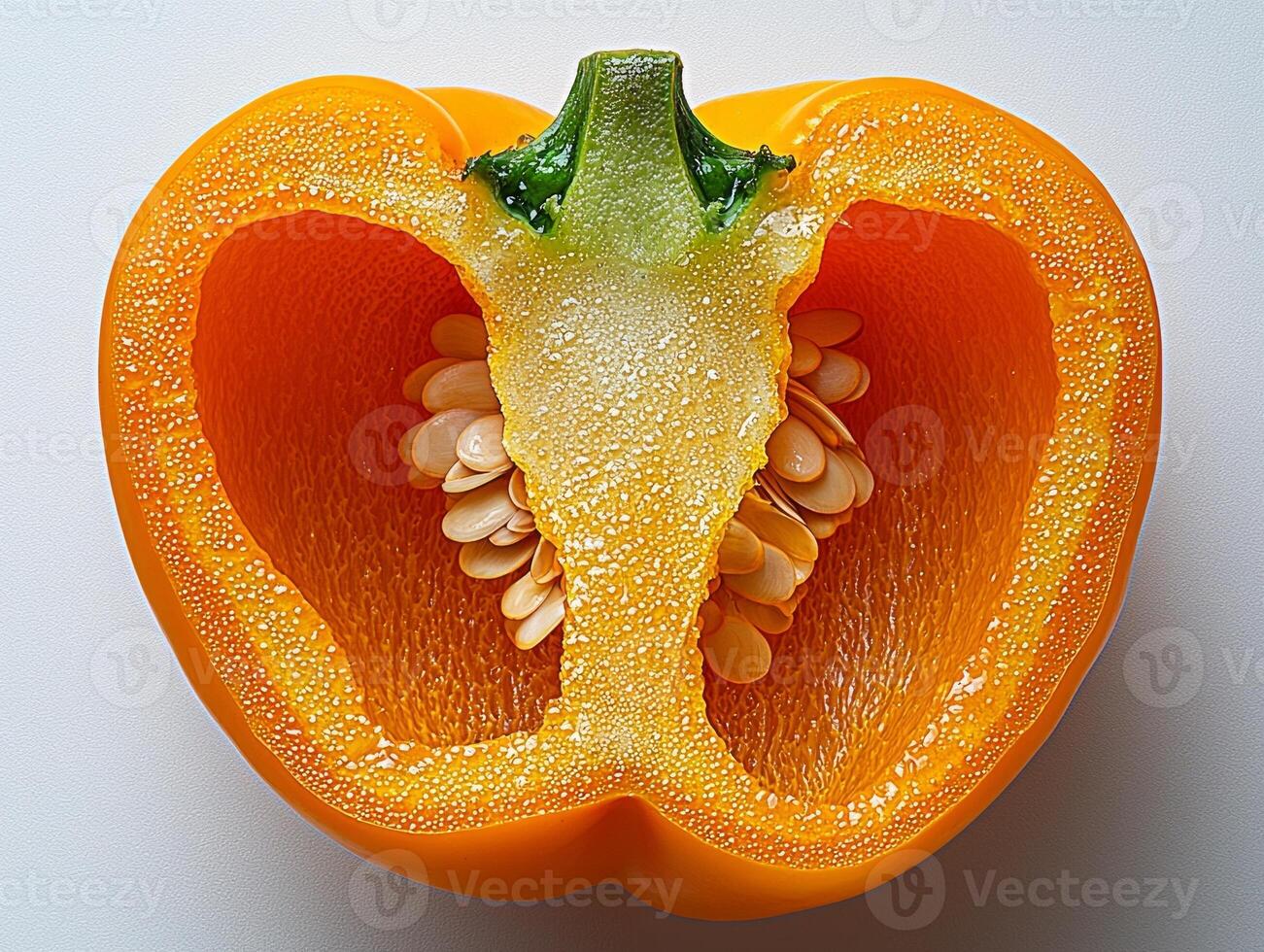 Close up of halved yellow bell pepper reveals its texture seeds and colorful inner layers. contrast white background highlights its freshness and vivid color photo