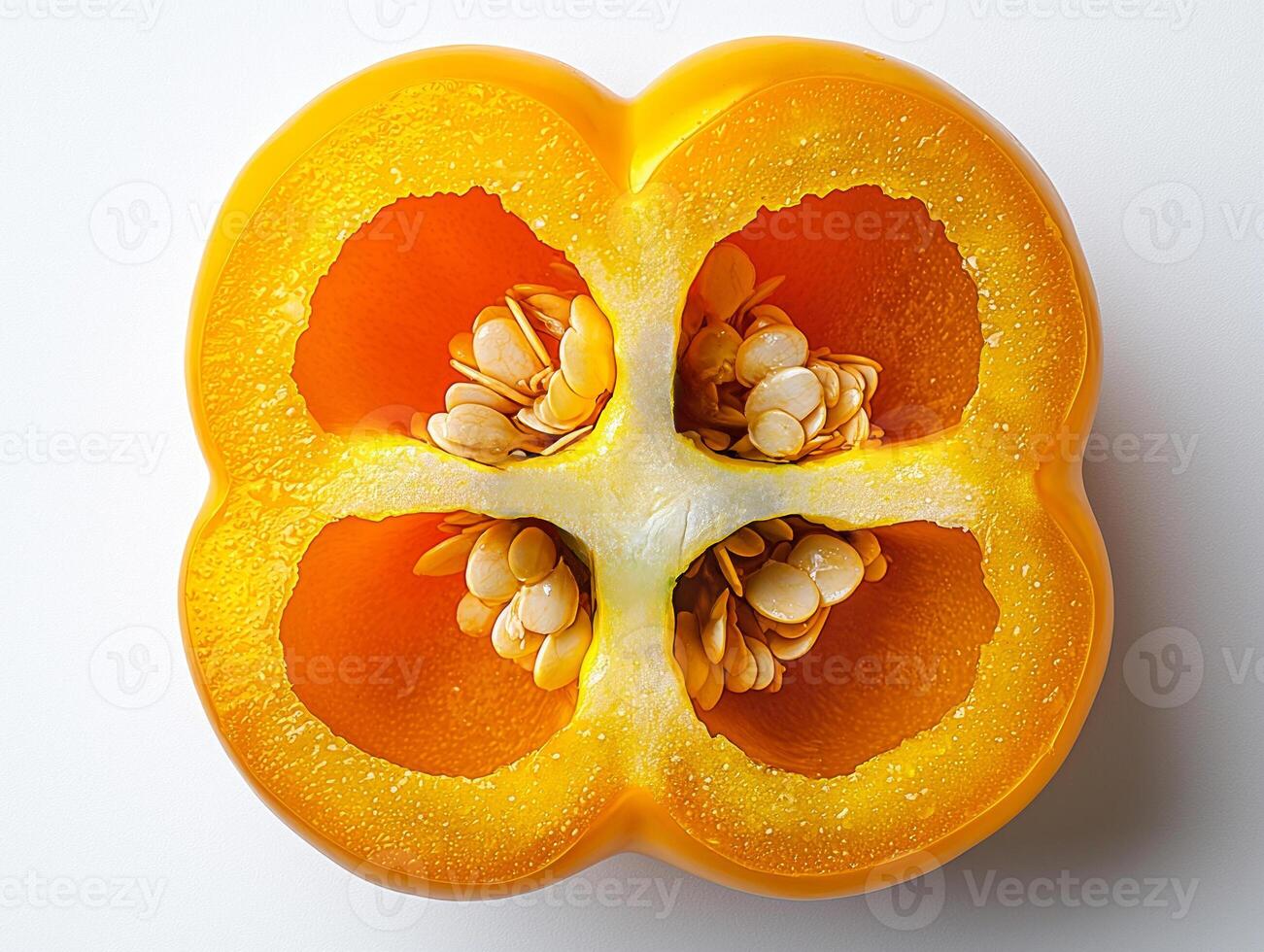 Halved yellow bell pepper displays its vibrant inner layers and seeds intricate textures against clean white backdrop showcasing beauty of fresh produce photo