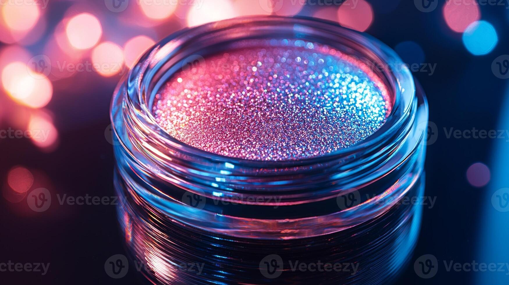macro view showcases holographic eyeshadow compact featuring shifting colors of pink blue and silver photo