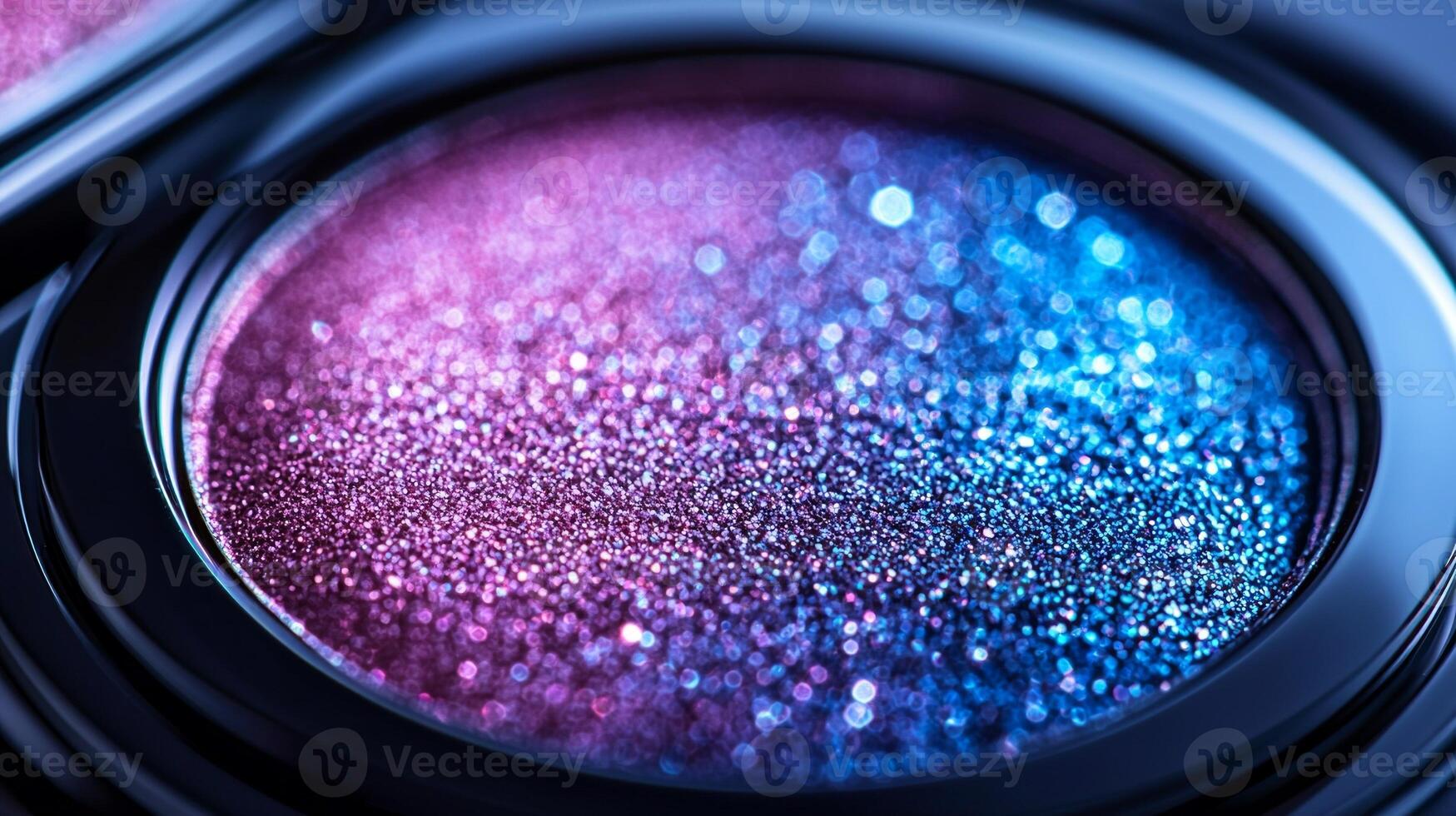 close up captures holographic eyeshadow compact featuring shimmering pink blue and silver hues. Soft lighting enhances futuristic design against sleek white background photo