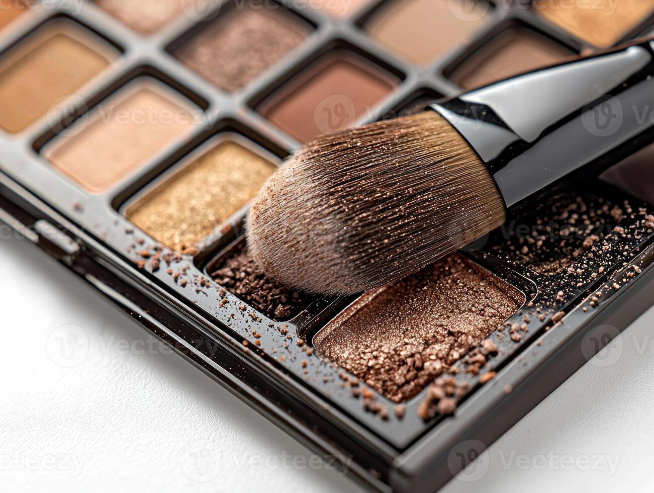 Close up view of powder palette displaying range of flattering shades for different skin tones. blending brush rests on palette enhancing elegant arrangement of hues photo