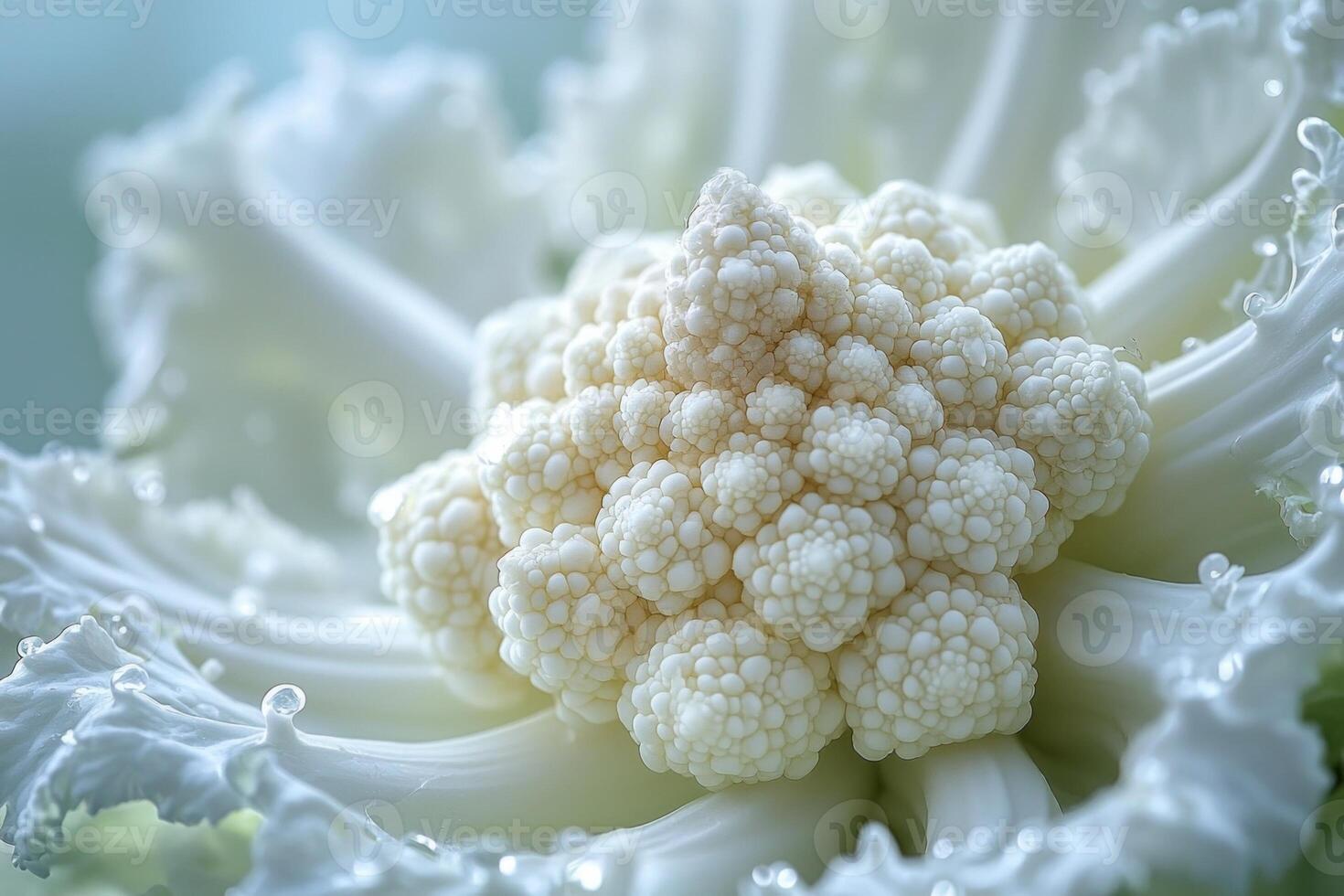 Close up view highlights detailed texture and creamy white hue of cauliflower floret against clean backdrop emphasizing its natural elegance and complexity photo