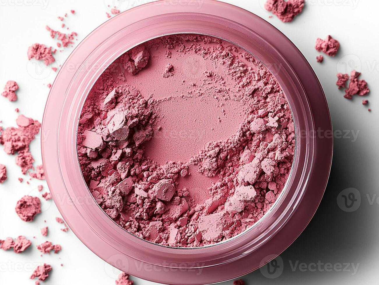 delicate pinkish fair face powder rests in glossy round case. fine texture and satin finish reflect light beautifully against minimalist white background enhancing its elegance photo