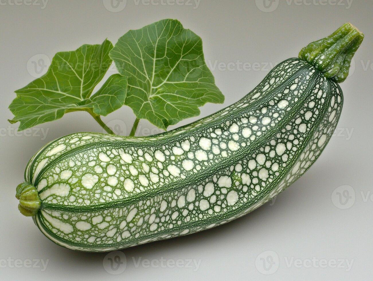 macro display highlights single fresh zucchini dark green skin and delicate stripes. clean backdrop emphasizes its natural form and rich color perfect for culinary use photo