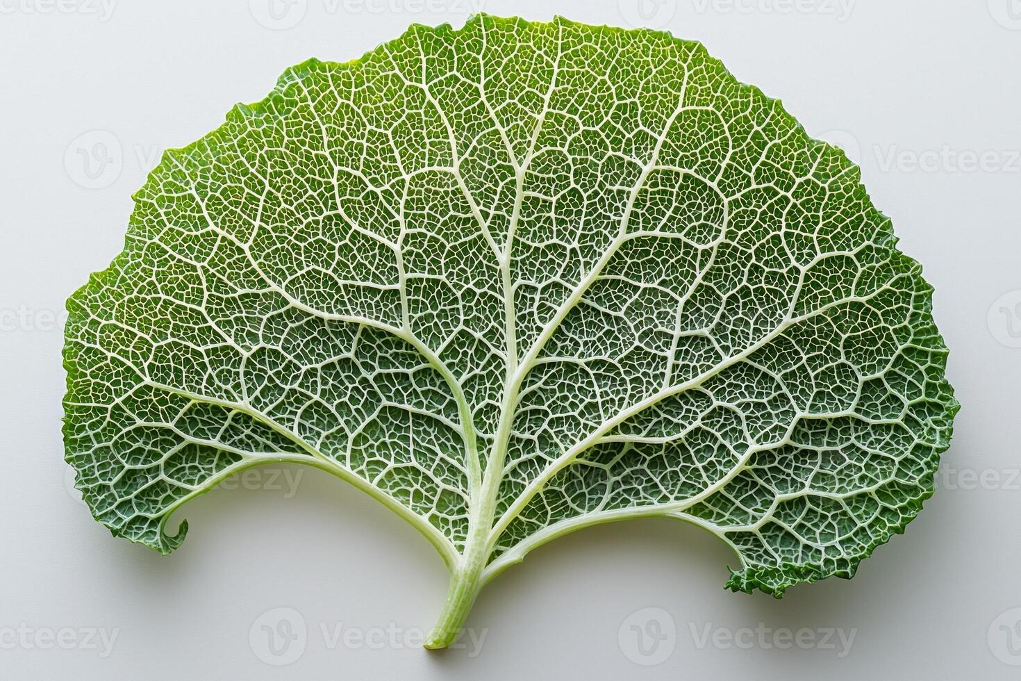 close up captures stunning texture of kale leaf highlighting its curly edges and deep green veins on clean white background for fresh natural look photo