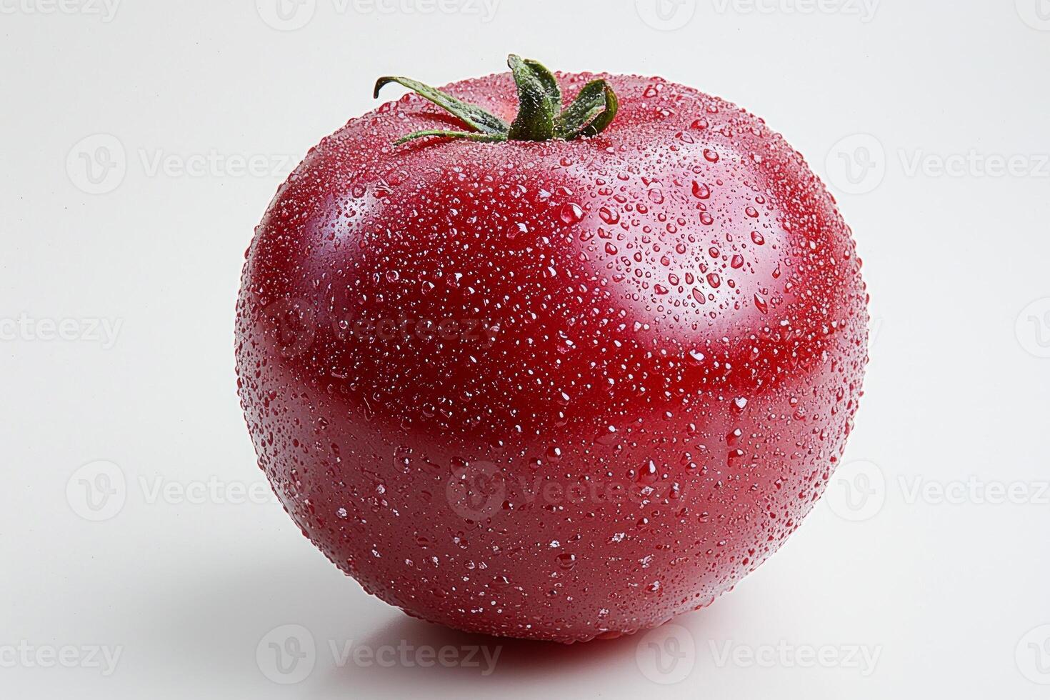 Close up view of single salted tomato showcasing its slightly wrinkled surface and bright red color. brine adds shiny finish highlighting its freshness against white backdrop photo