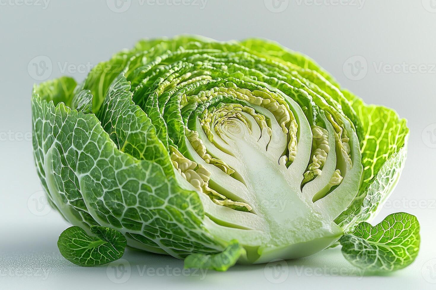 Detailed close up of sliced Brussels sprout showcases its complex inner structure and fresh green tones highlighted clean white backdrop for modern aesthetic photo