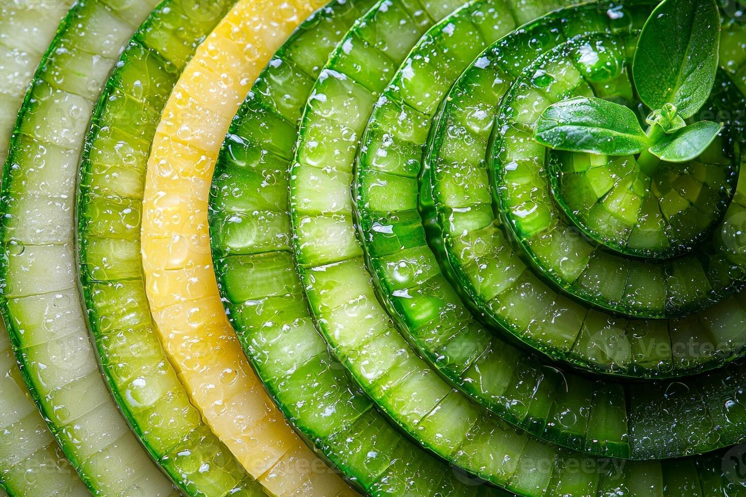 Close up of sliced leek displays its intricate concentric layers in shades of white pale green and vibrant yellow accentuated droplets of water against clean background photo