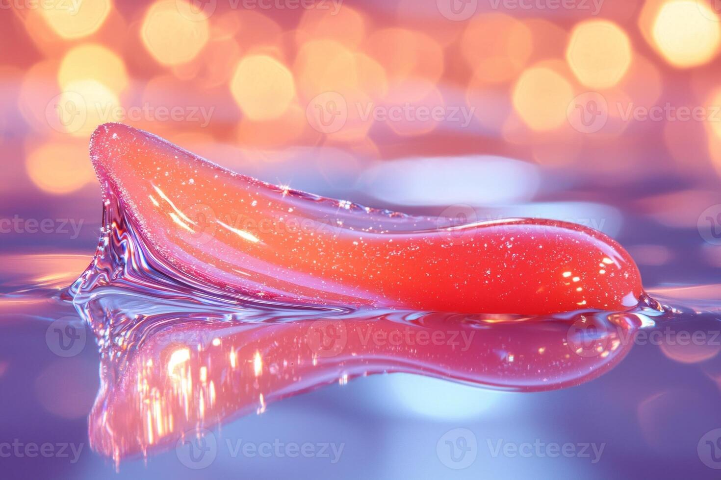 thin smear of glossy coral lip gloss sits on clear glass surface reflecting soft light enhances its vibrant color and smooth texture creating visually appealing effect photo