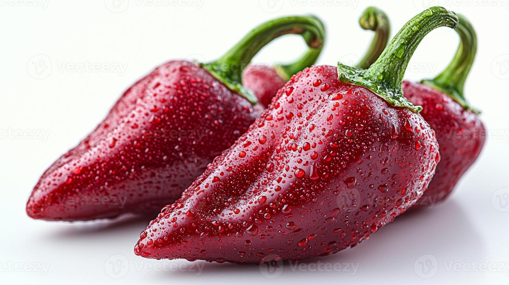 Bright red chili peppers exhibit glossy sheen water droplets highlighting their curved shapes and vivid colors set against clean white backdrop emphasizing freshness and vitality photo