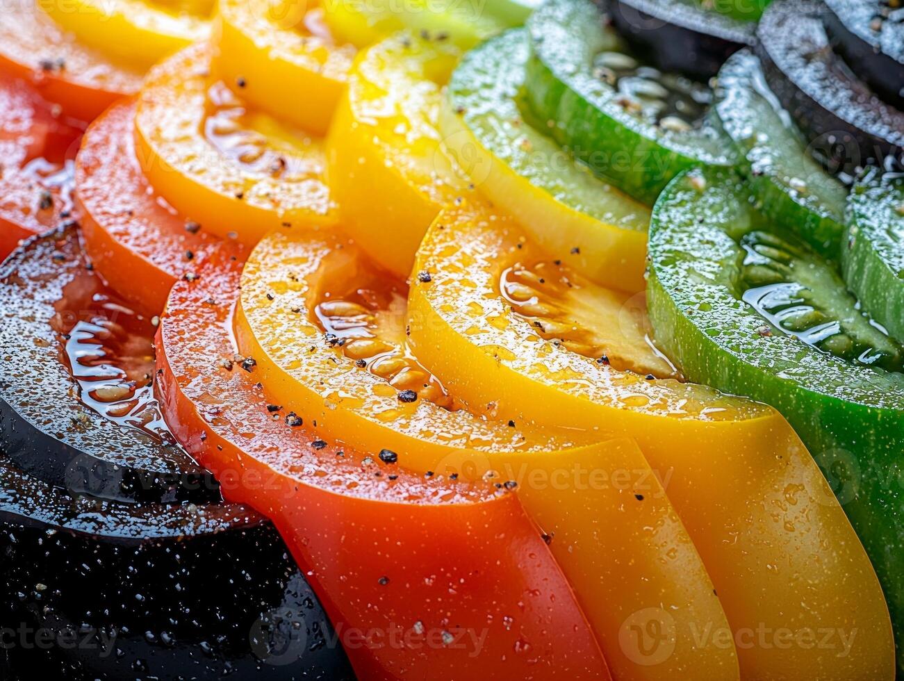 Slices of yellow green and black tomatoes are arranged diagonally highlighting their vibrant colors and unique patterns photo