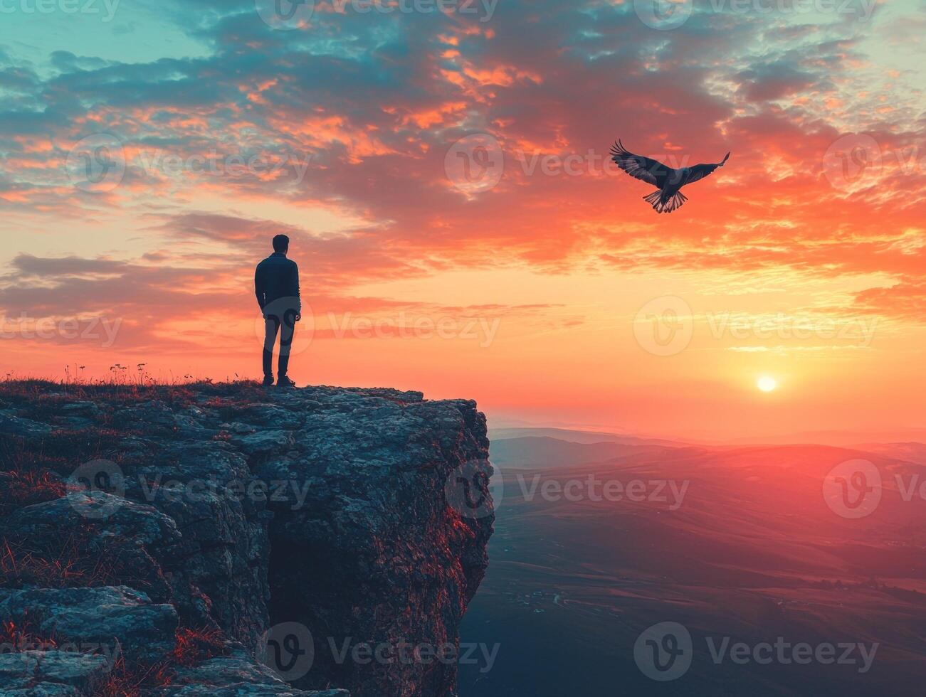 male silhouette stands on rocky cliff gazing hawk mid dive as vibrant sunset unfolds hues of blue and orange in sky creating captivating atmosphere photo