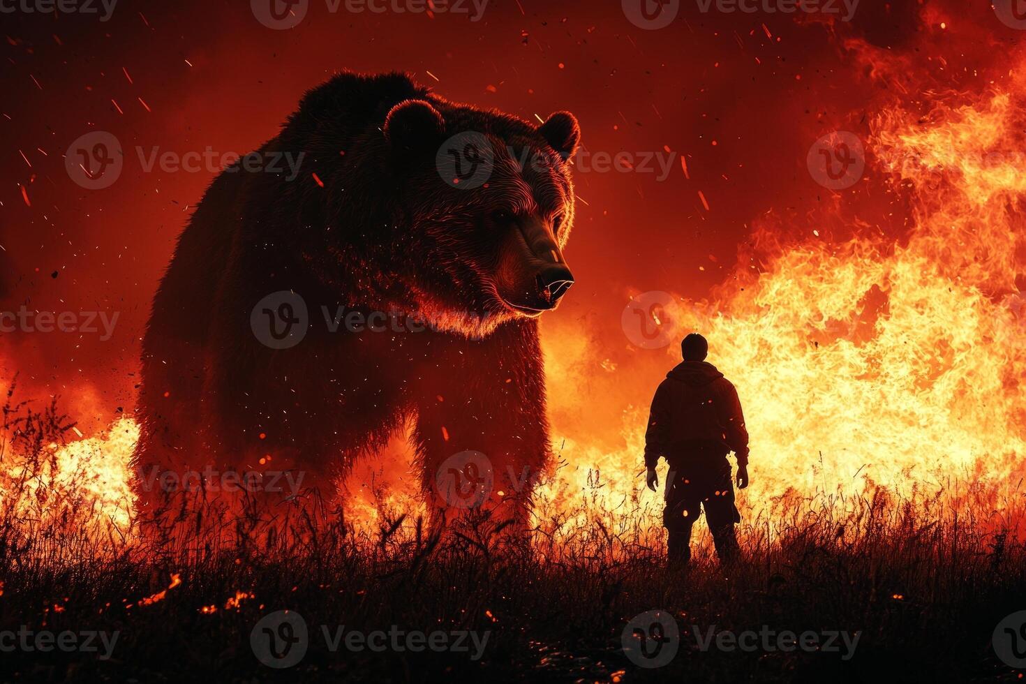 powerful bear casts shadow over defiant man who stands firm. fiery red and black gradient creates dramatic atmosphere symbolizing fierce encounter photo