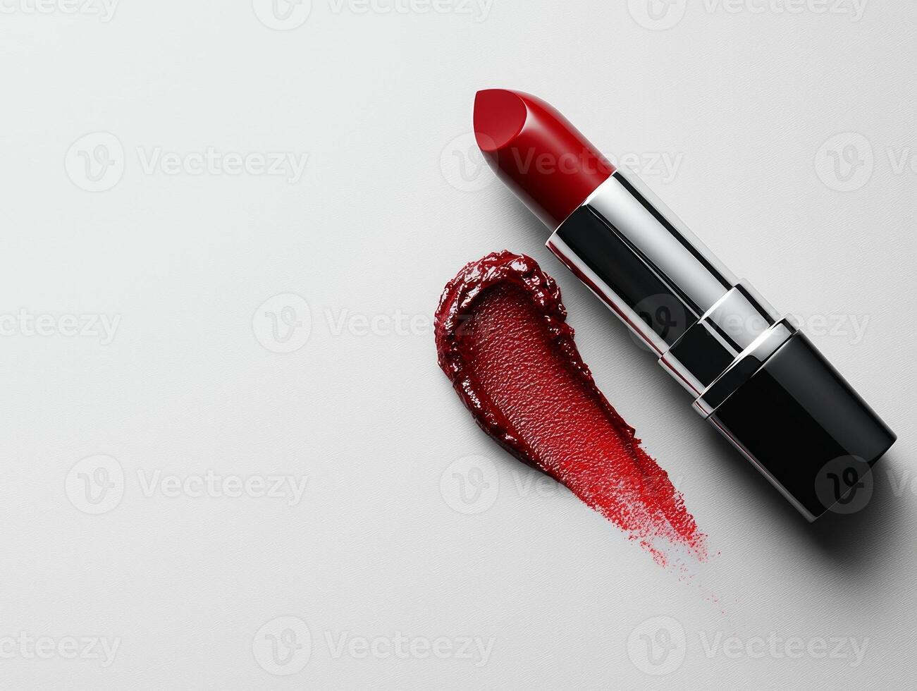 striking red lipstick bullet is positioned upright glossy finish highlighting its vivid hue. swatch of lipstick lies beside it creating elegant display photo