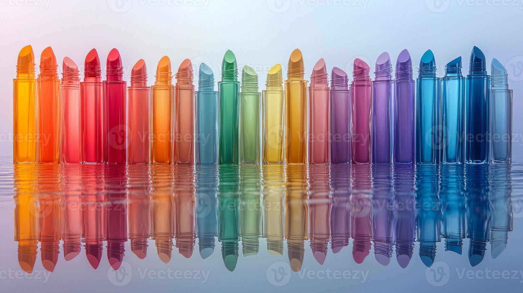 stunning array of lipsticks in rainbow colors is showcased on smooth reflective surface photo