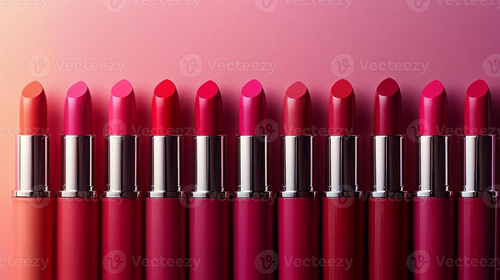 composition features range of pink lipsticks arranged harmoniously from light pastel rich magenta. soft gradient background enhances colors creating elegant display photo