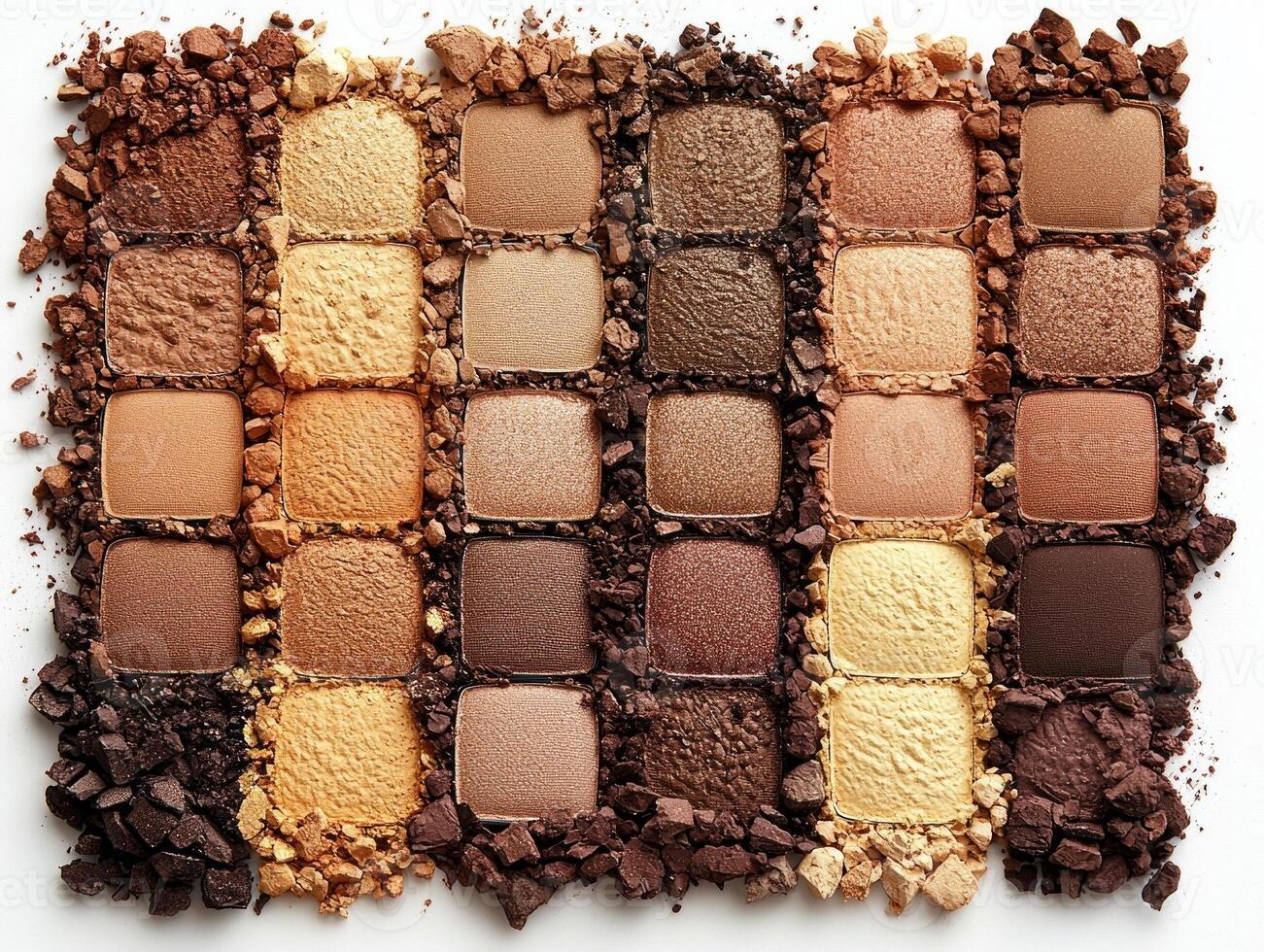 Neatly arranged compacts of single color eyeshadow showcase range of neutral shades from light dark on white background. Soft lighting emphasizes their silky finishes photo