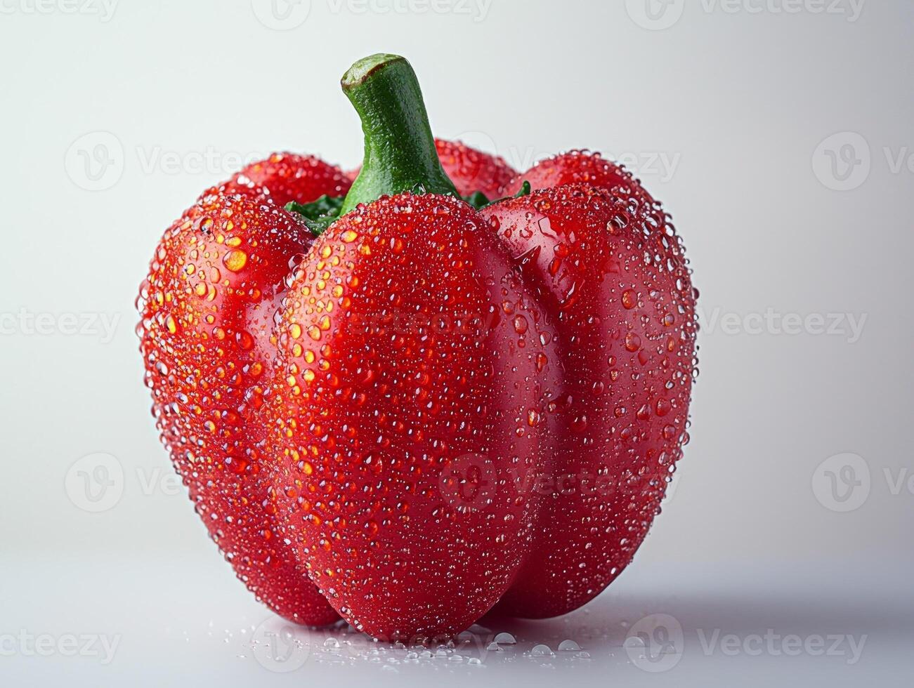 bright red bell pepper stands out dewdrops adorning its surface highlighting freshness and juiciness in modern minimal setting white backdrop photo