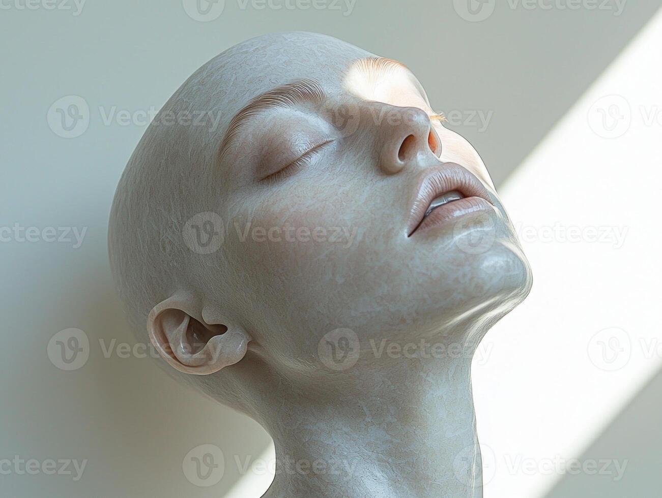 realistic bald silicone mannequin head is displayed upright against clean white backdrop. soft lighting accentuates facial contours and creates modern aesthetic photo