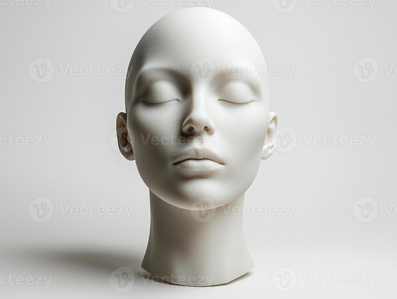 Bald silicone mannequin head is positioned upright against clean white background. Soft lighting enhances contours and details creating sleek modern aesthetic photo