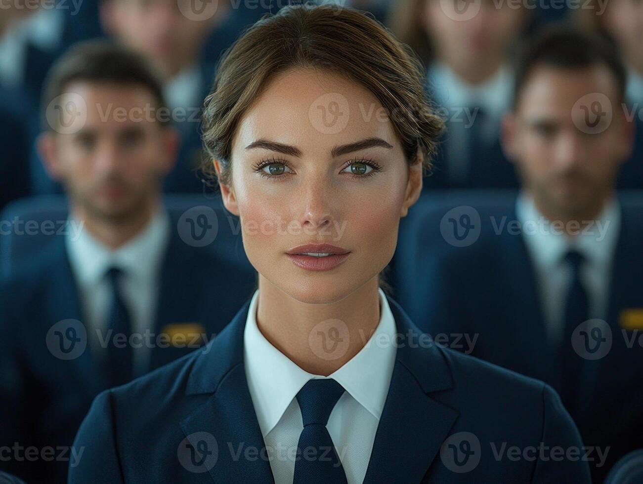 flight attendant confidently speaks into intercom ensuring all passengers are informed. Neatly arranged seats and attentive travelers create professional atmosphere photo