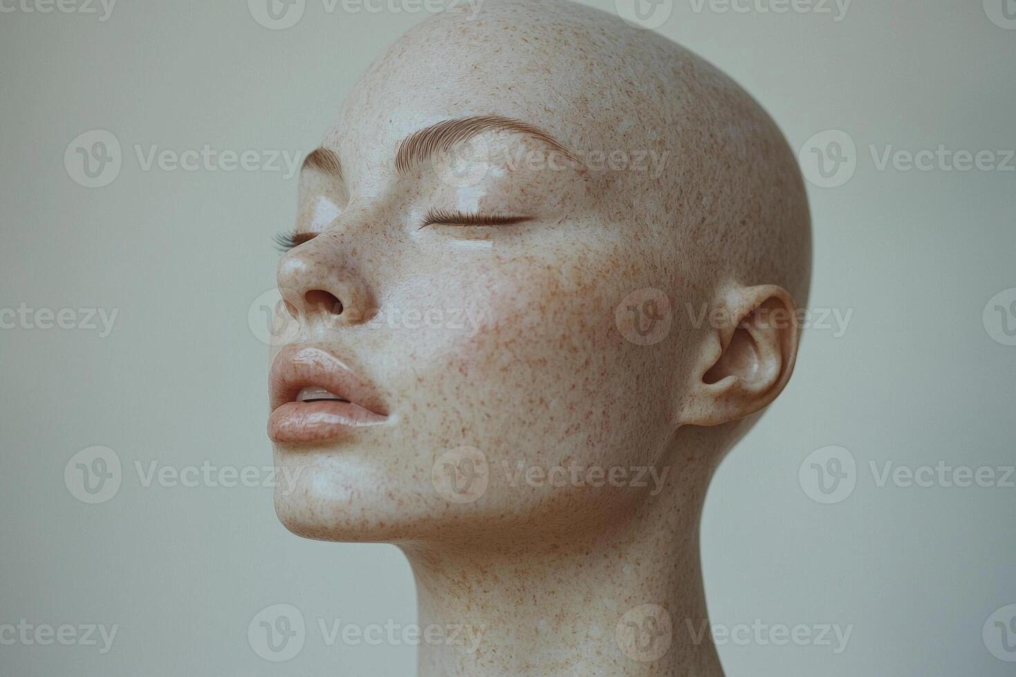 bald silicone mannequin head displays high gloss surface reflects soft light enhancing its smooth texture and creating depth subtle shadows on clean white background photo