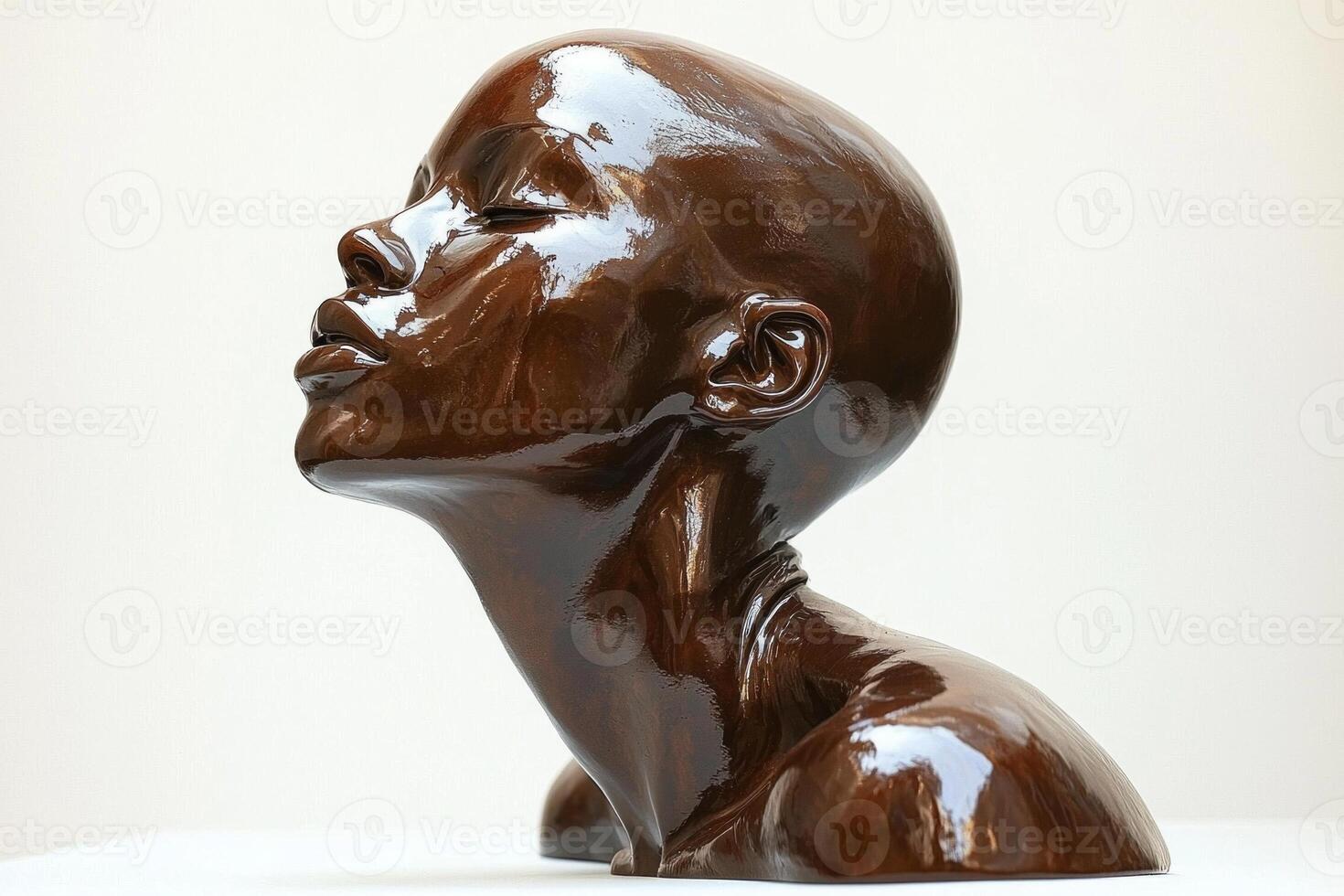 image features bald silicone mannequin head smooth high gloss surface. head is tilted creating shadows and depth against stark white background photo