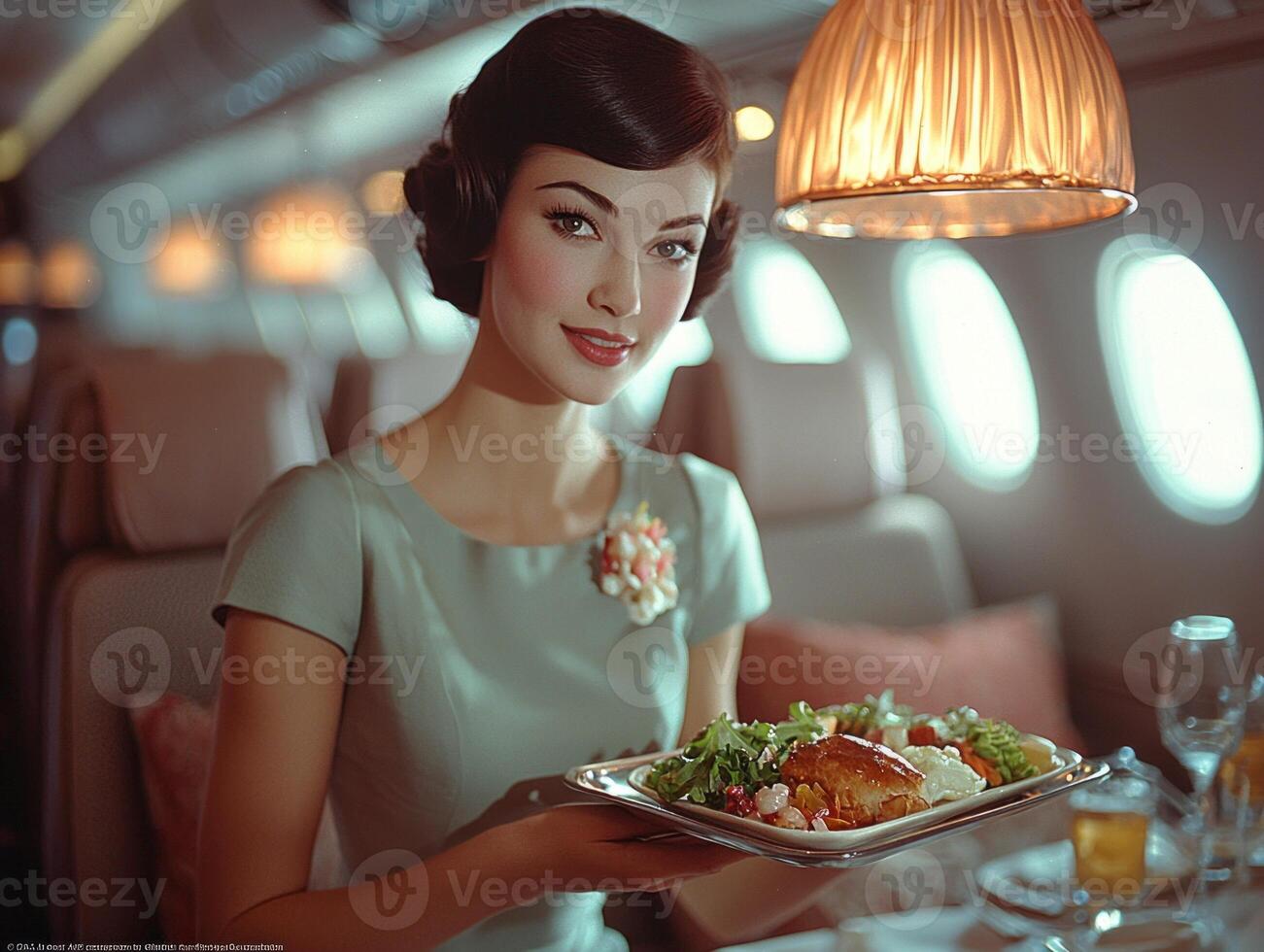 flight attendant polished uniform presents plated meal passenger creating warm and attentive atmosphere in airplane cabin photo