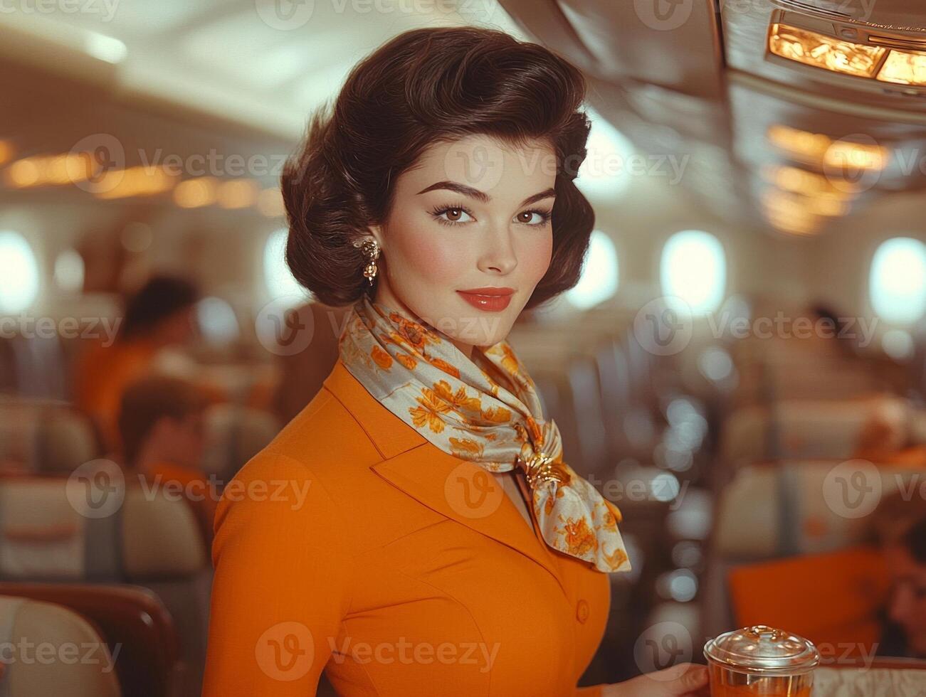 professional flight attendant in stylish uniform offers beverages from trolley amid organized rows of seats. Passengers enjoy service in well maintained cabin photo