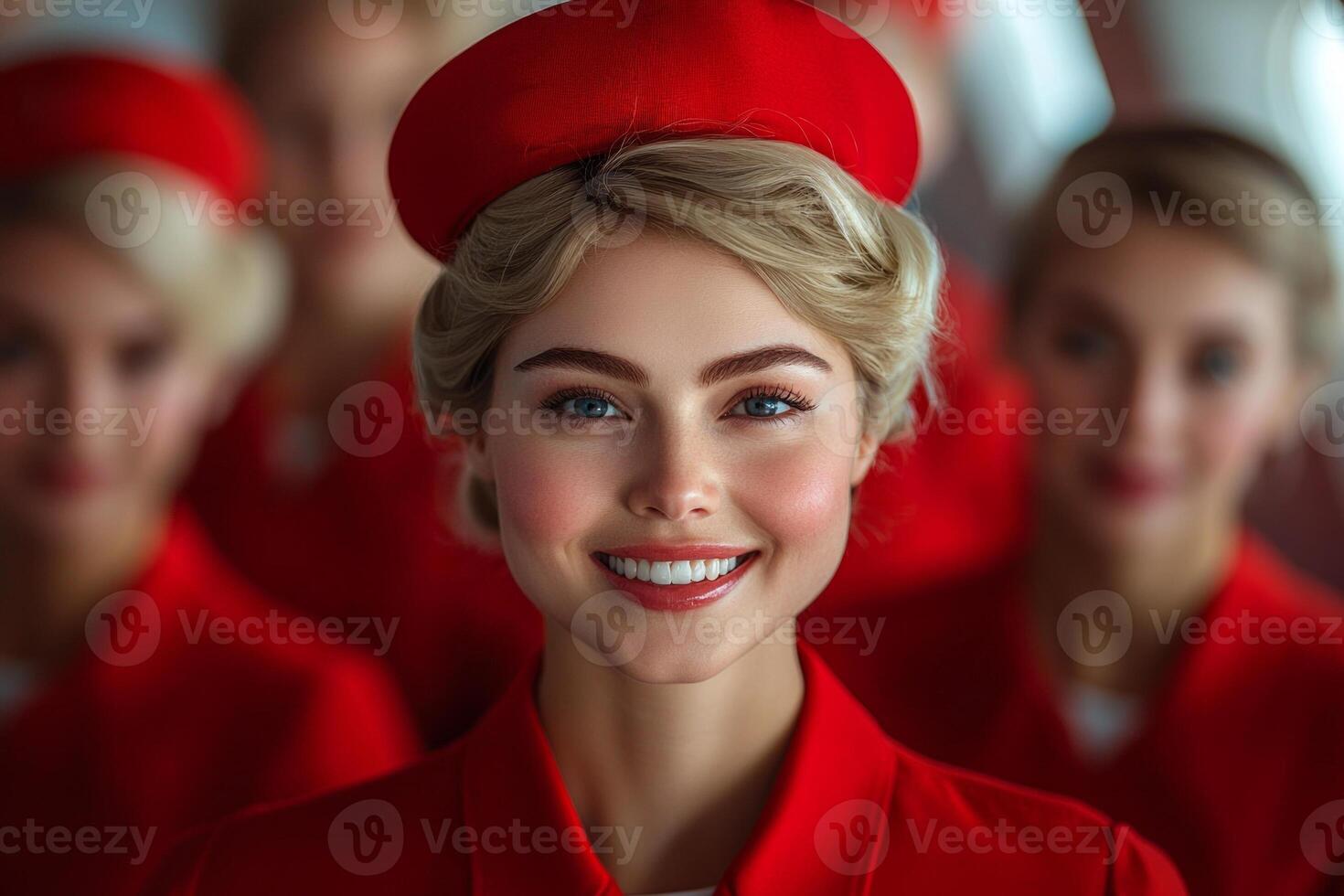 Flight attendants stand confidently in airplane aisle showcasing teamwork and poise. Their matching uniforms and bright smiles create welcoming atmosphere in warm cabin light photo