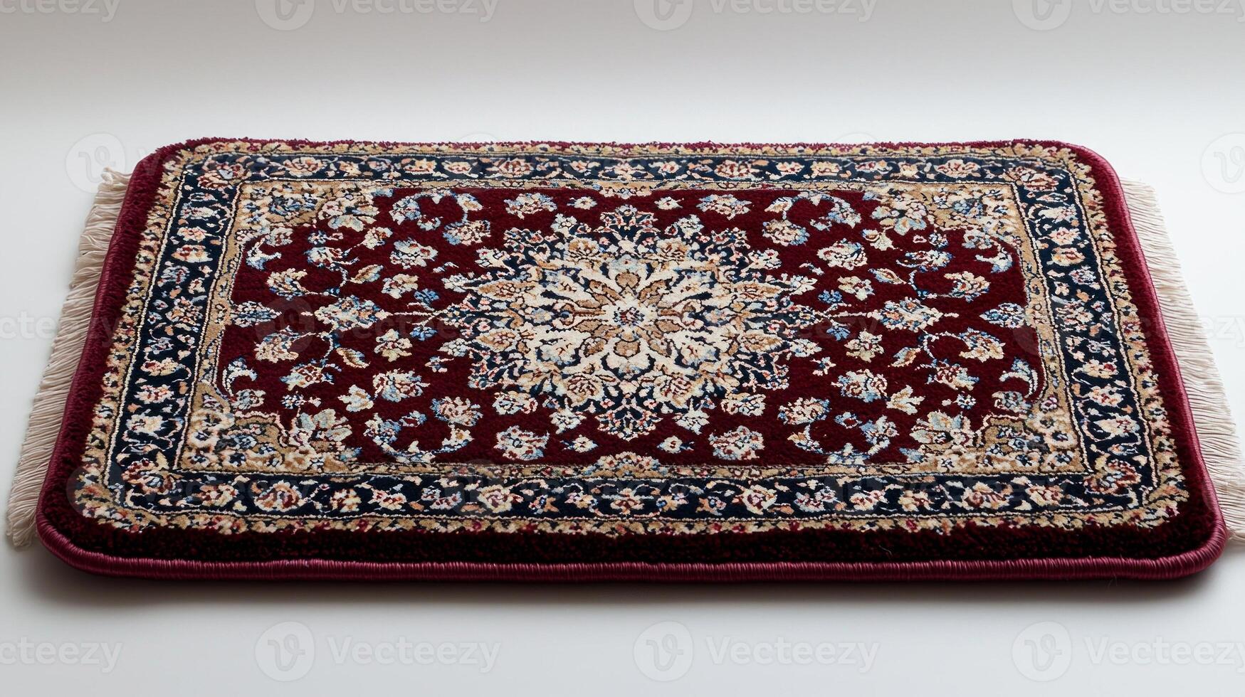 small Persian style bedside rug showcases stunning floral design in vibrant red and gold hues. Its intricate patterns are beautifully displayed against clean white background photo