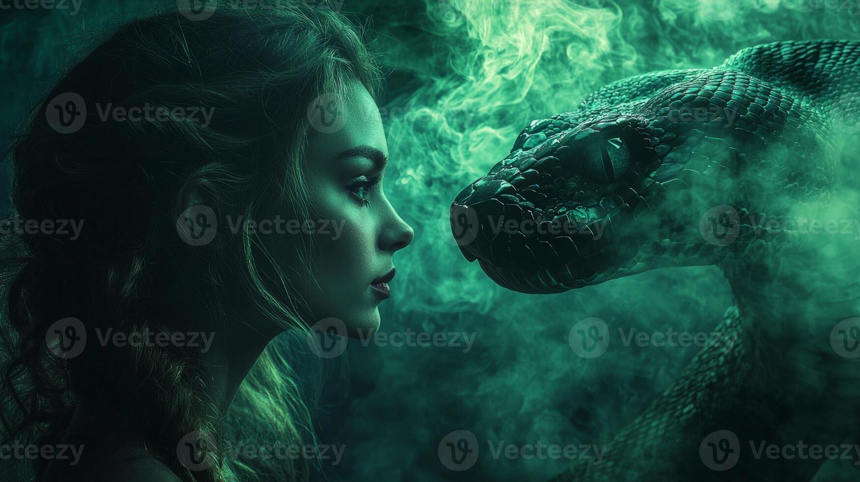 female silhouette faces colossal snake poised strike revealing intense moment of strength and tension enhanced glowing green and black tones in background photo