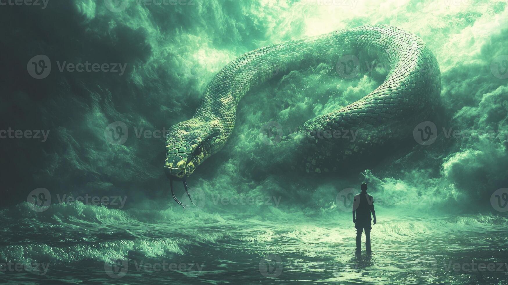 bold silhouette of man stands poised against colossal form of snake surrounded swirling mist and intense green and black atmosphere. Tension fills air photo