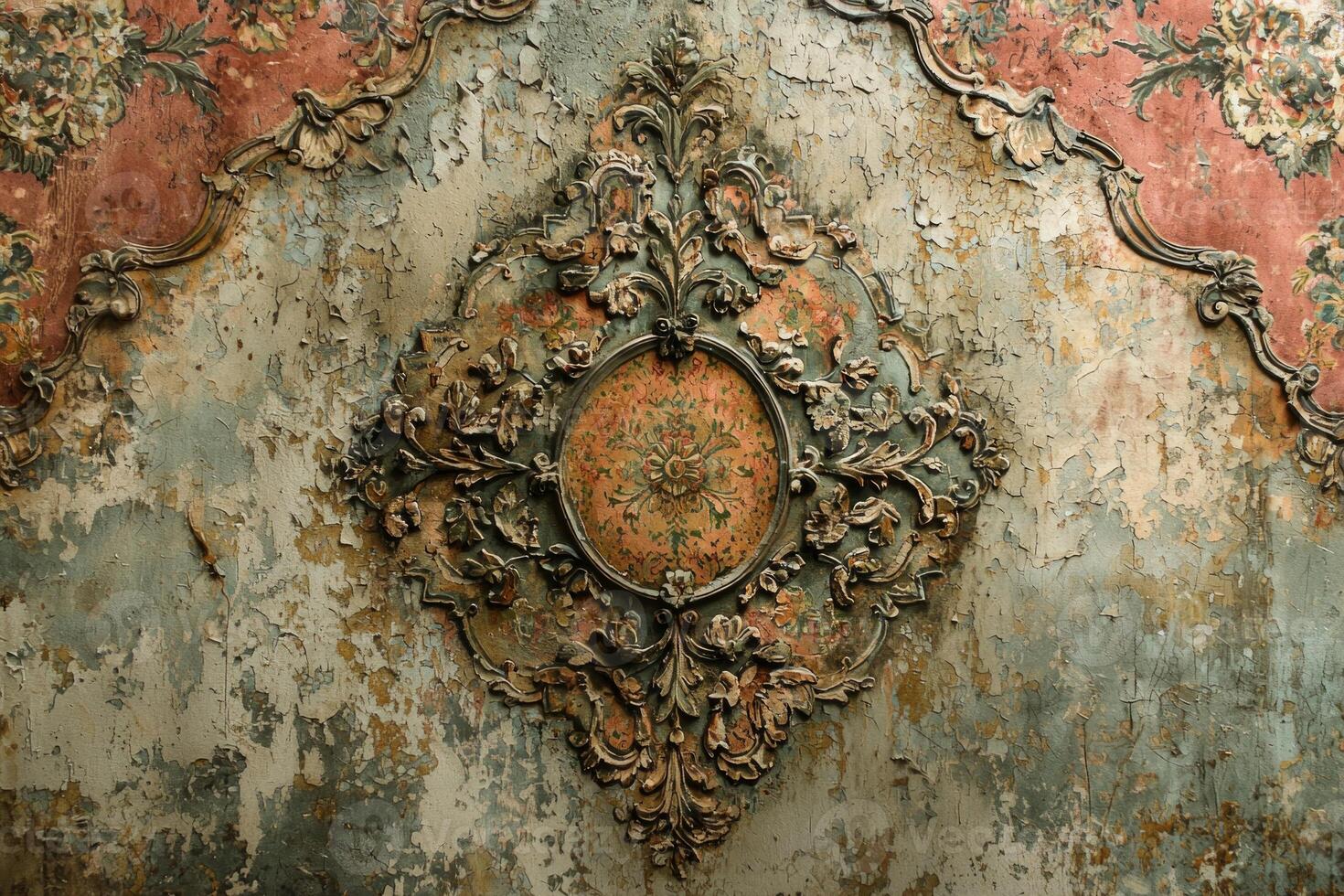 vintage style bedside rug displays faded distressed patterns in muted greens and oranges. Its weathered texture adds character while contrasting clean white background photo