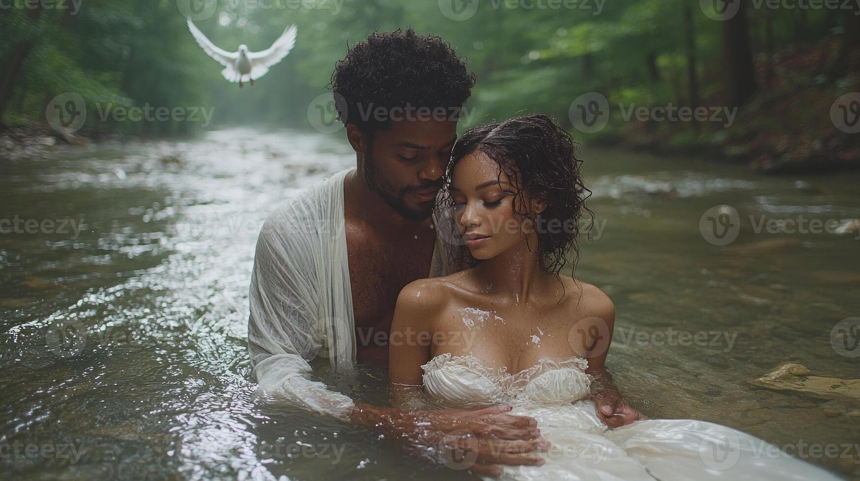 African American man in white robe baptizes African American woman in elegant white attire in tranquil river water while dove flies overhead photo