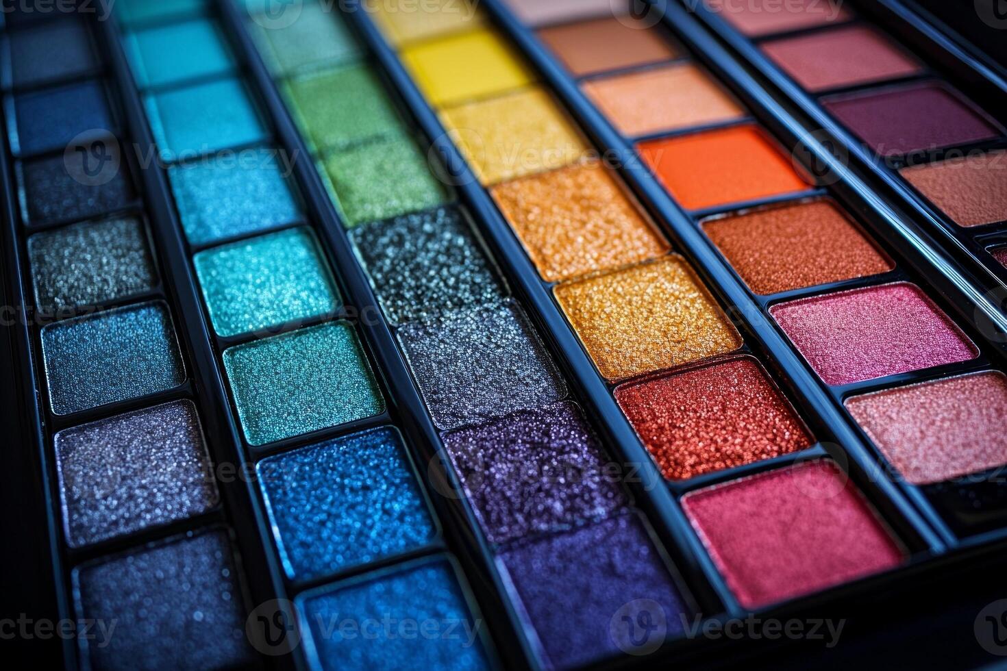 macro setting features vibrant eyeshadow palette rainbow shades lightly smudged demonstrate their bold pigmentation. clean white backdrop enhances sleek packaging and colors photo