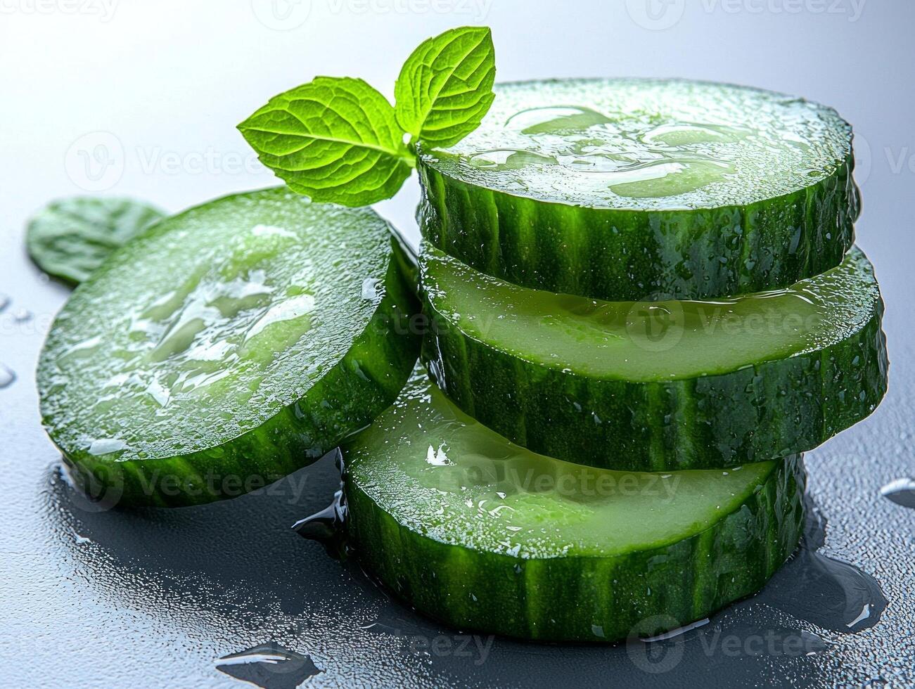 Thinly sliced cucumber rounds are arranged in stack glistening droplets of water enhance their freshness against clean white background photo