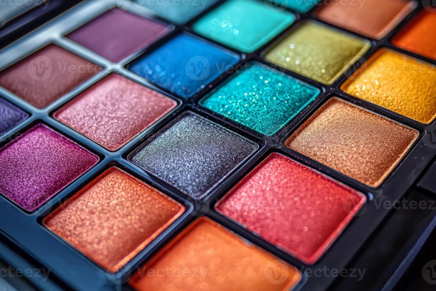 rainbow themed eyeshadow palette displays variety of bold shades expertly smudged highlight their rich pigmentation. sleek design and white backdrop enhance its modern appeal photo