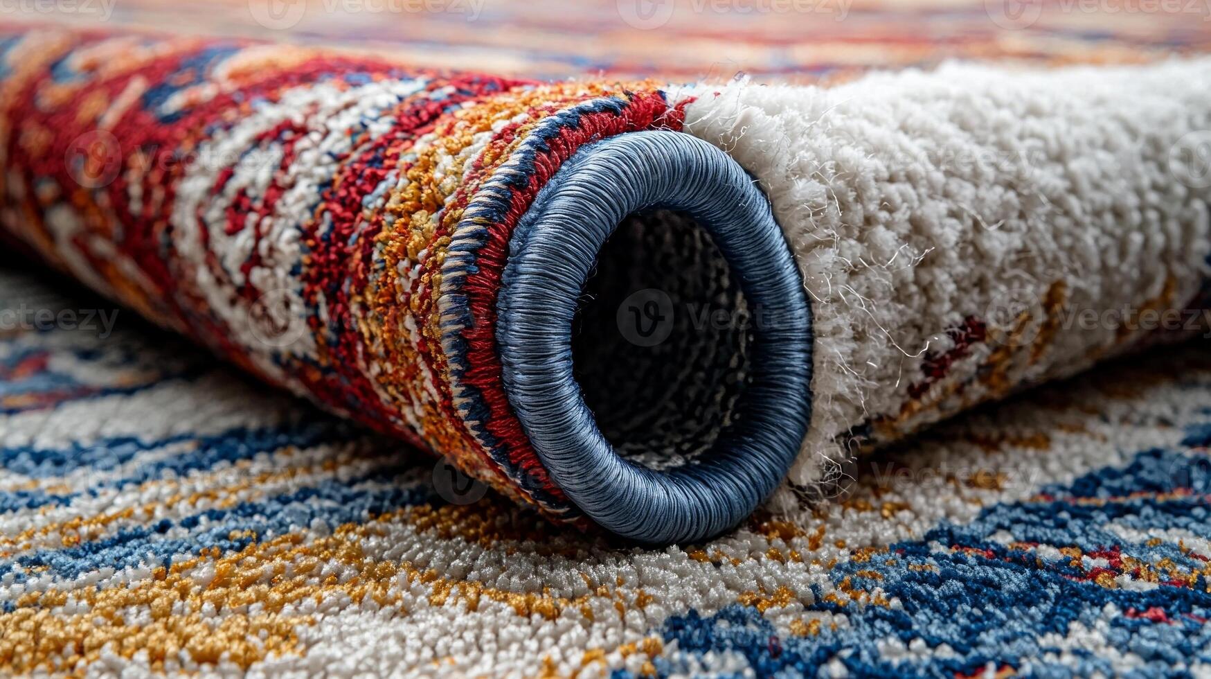 bedside rug showcases vibrant bohemian design striking reds blues and yellows. geometric details pop against clean white background adding warmth and personality space photo