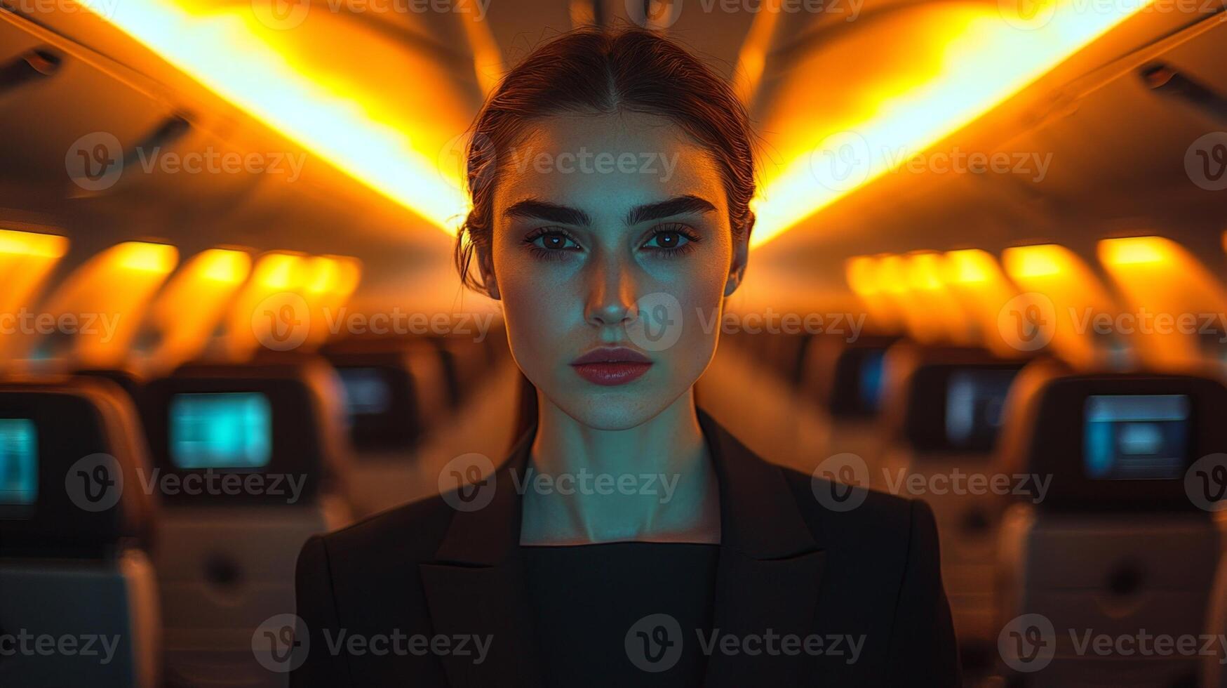 flight attendant walks down aisle performing routine cabin check ensuring everything is in order while her sharp uniform contrasts neat airplane setting photo