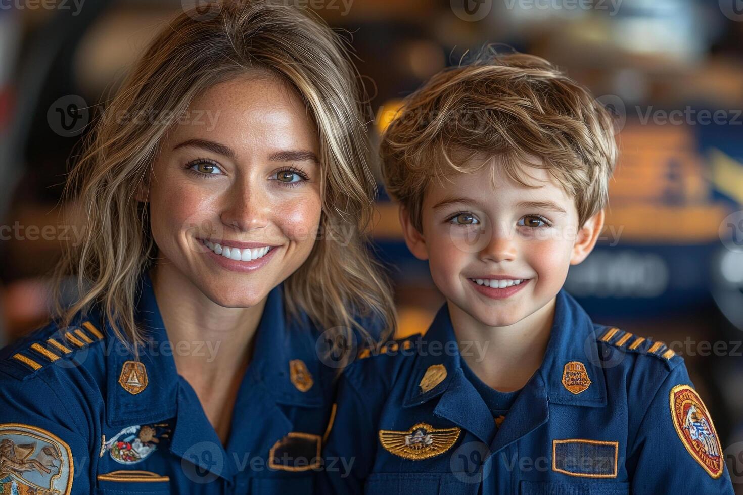 flight attendant kneels beside smiling young passenger in clean airplane cabin offering snack create friendly welcoming atmosphere for families photo