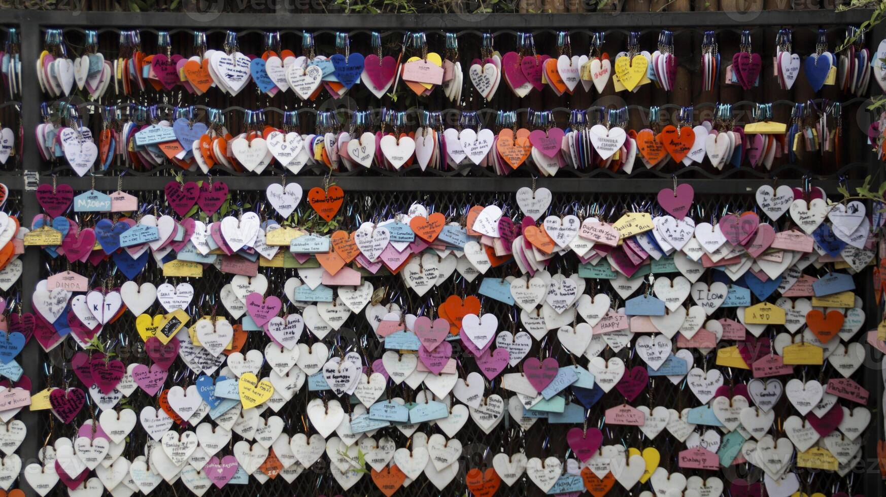 Close-Up of Colorful Heart-Shaped Locks with Written Messages Hanging on a Metal Fence in a Romantic Love Lock Display Outdoors photo
