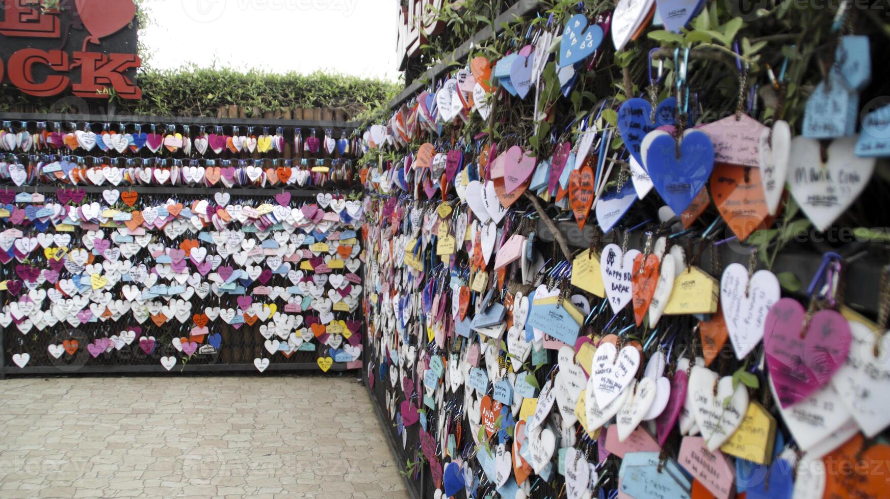 Close-Up of Colorful Heart-Shaped Love Locks Hanging on a Metal Fence in a Romantic Outdoor Display with Soft Depth of Field photo