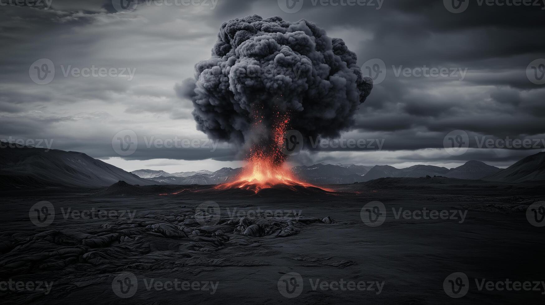Volcanic eruption explodes with smoke, red hot lava. photo