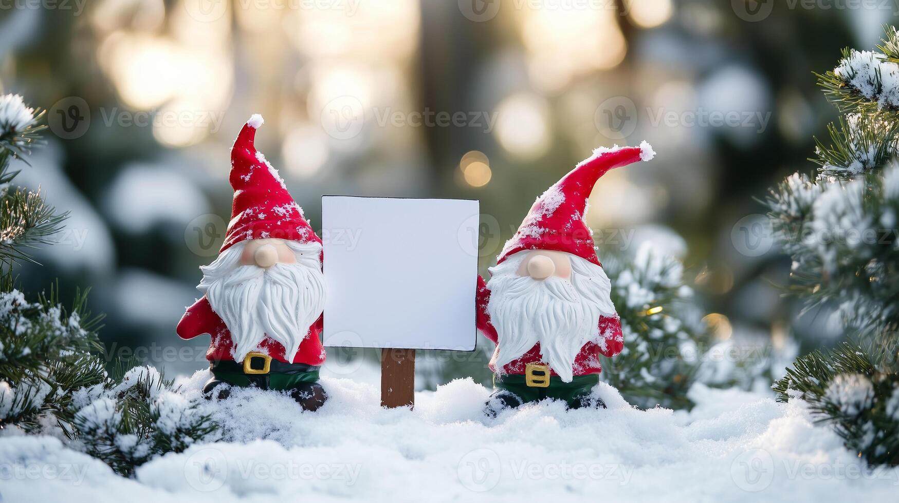 Gnomes with Blank Sign and Snow photo