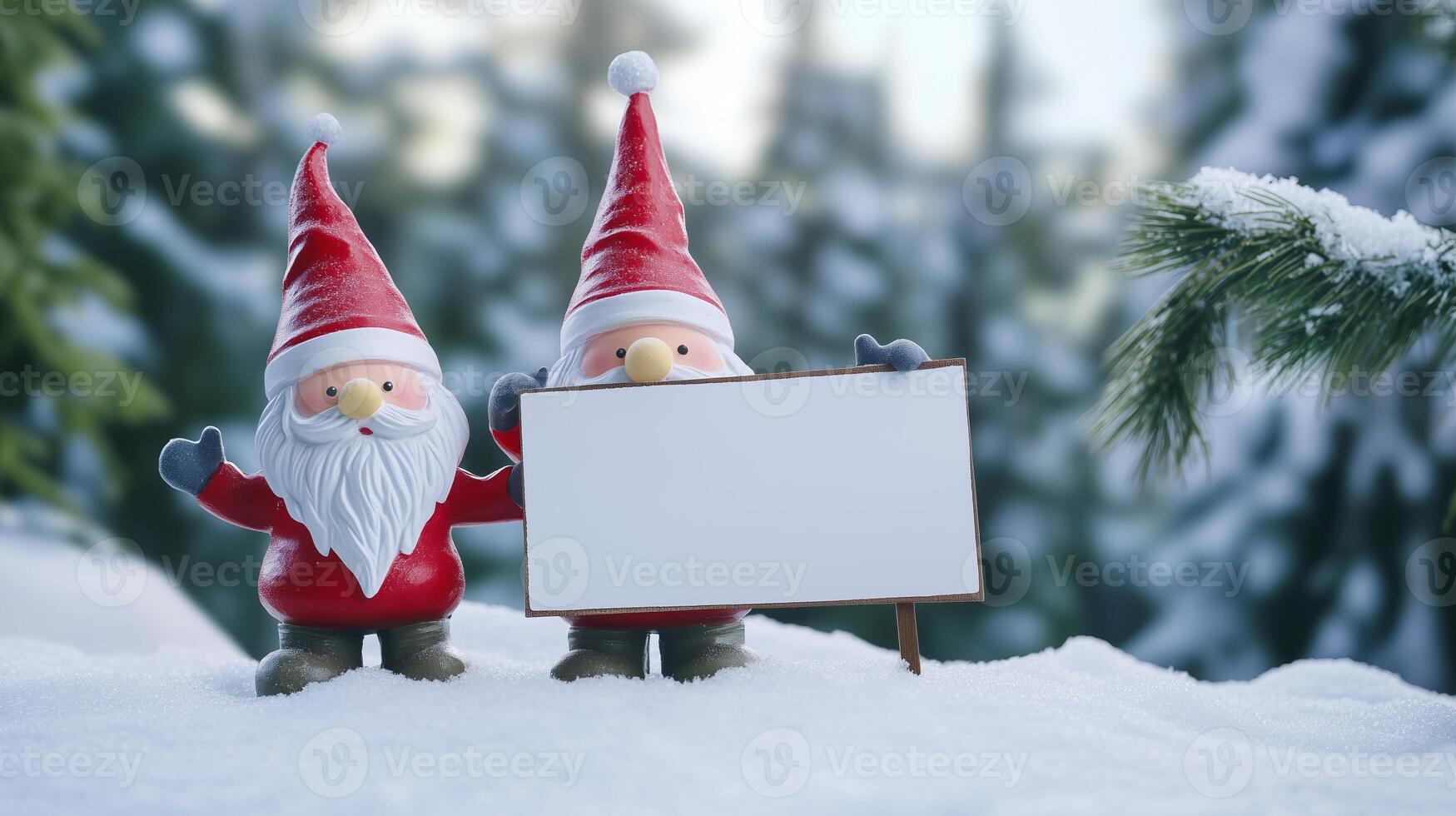 Festive Gnomes with Blank Sign in Snow photo