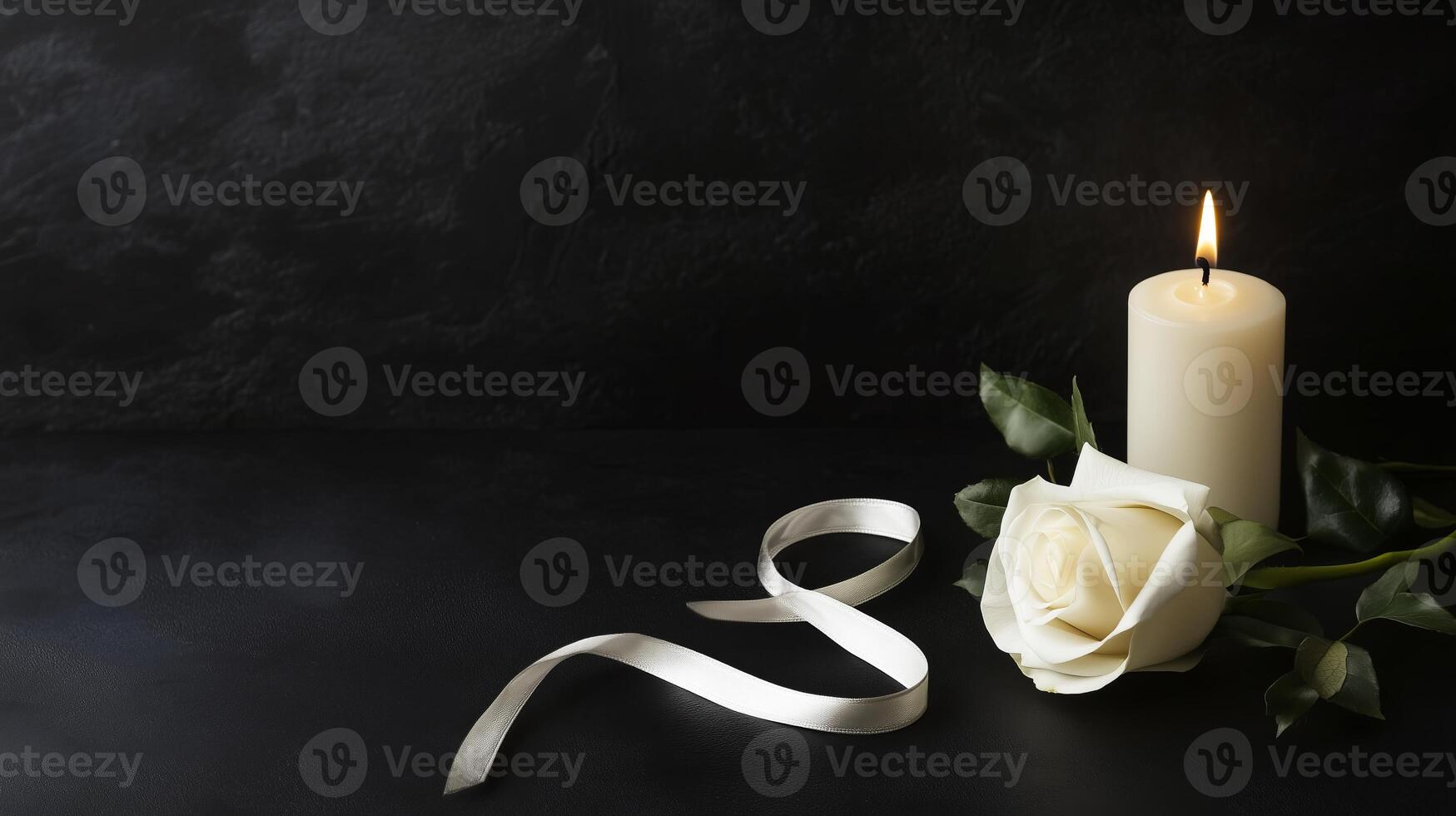 Funeral-themed photo display composition featuring ribbon, white rose