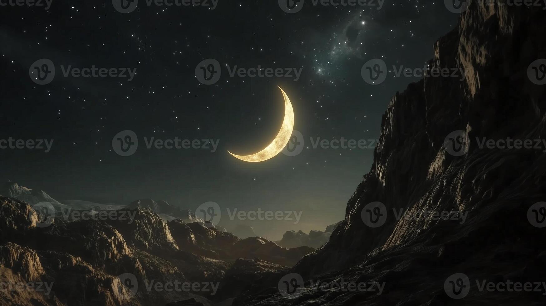In a starry sky, a crescent moon glows in a soft glow photo