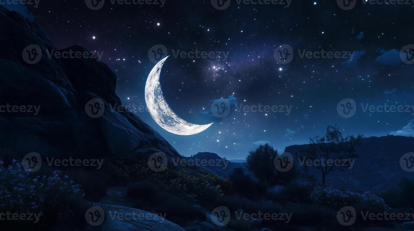 A crescent moon glows in a soft, ethereal glow photo