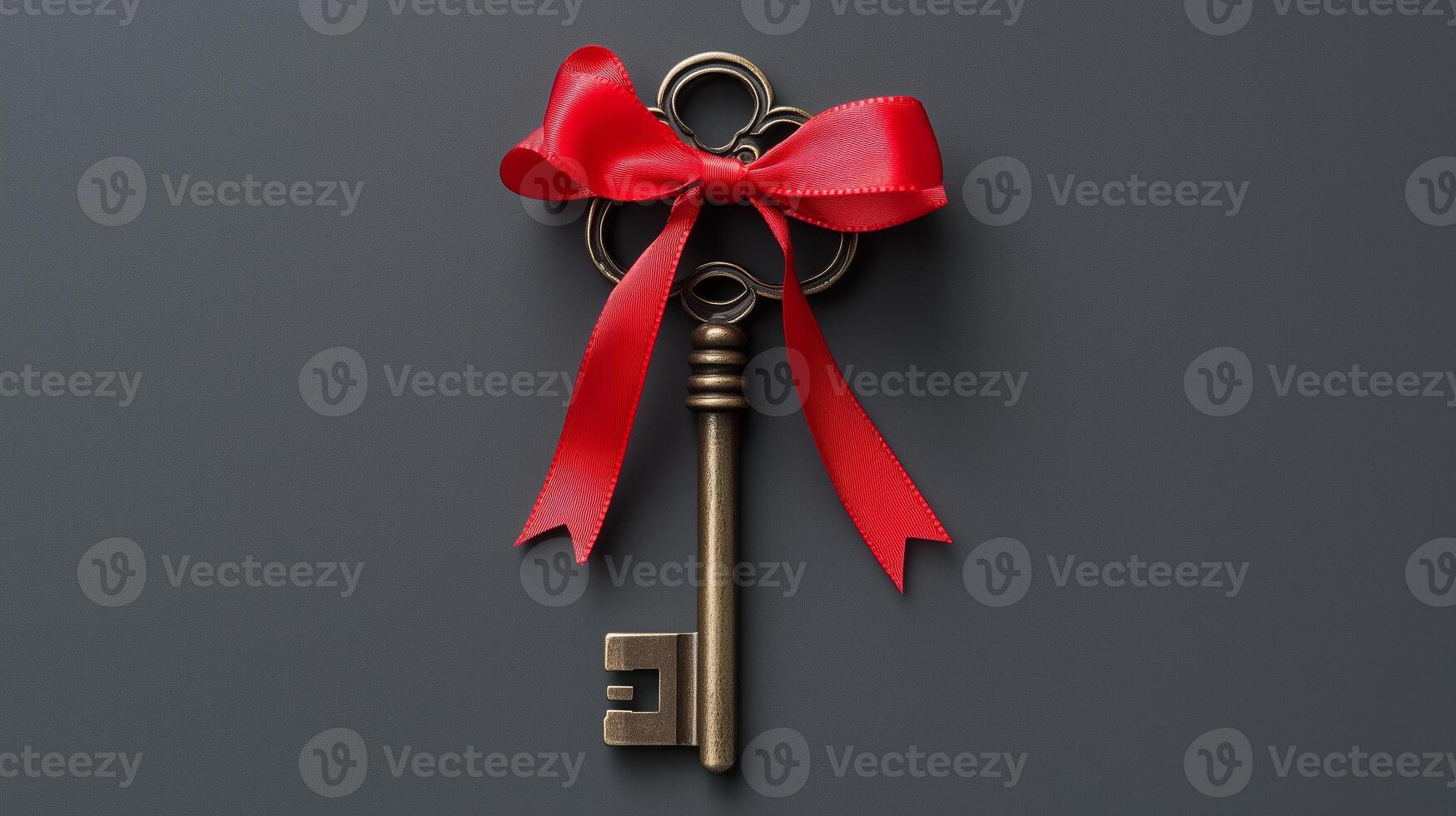 House Key with Red Bow on Gray Background Concepts photo